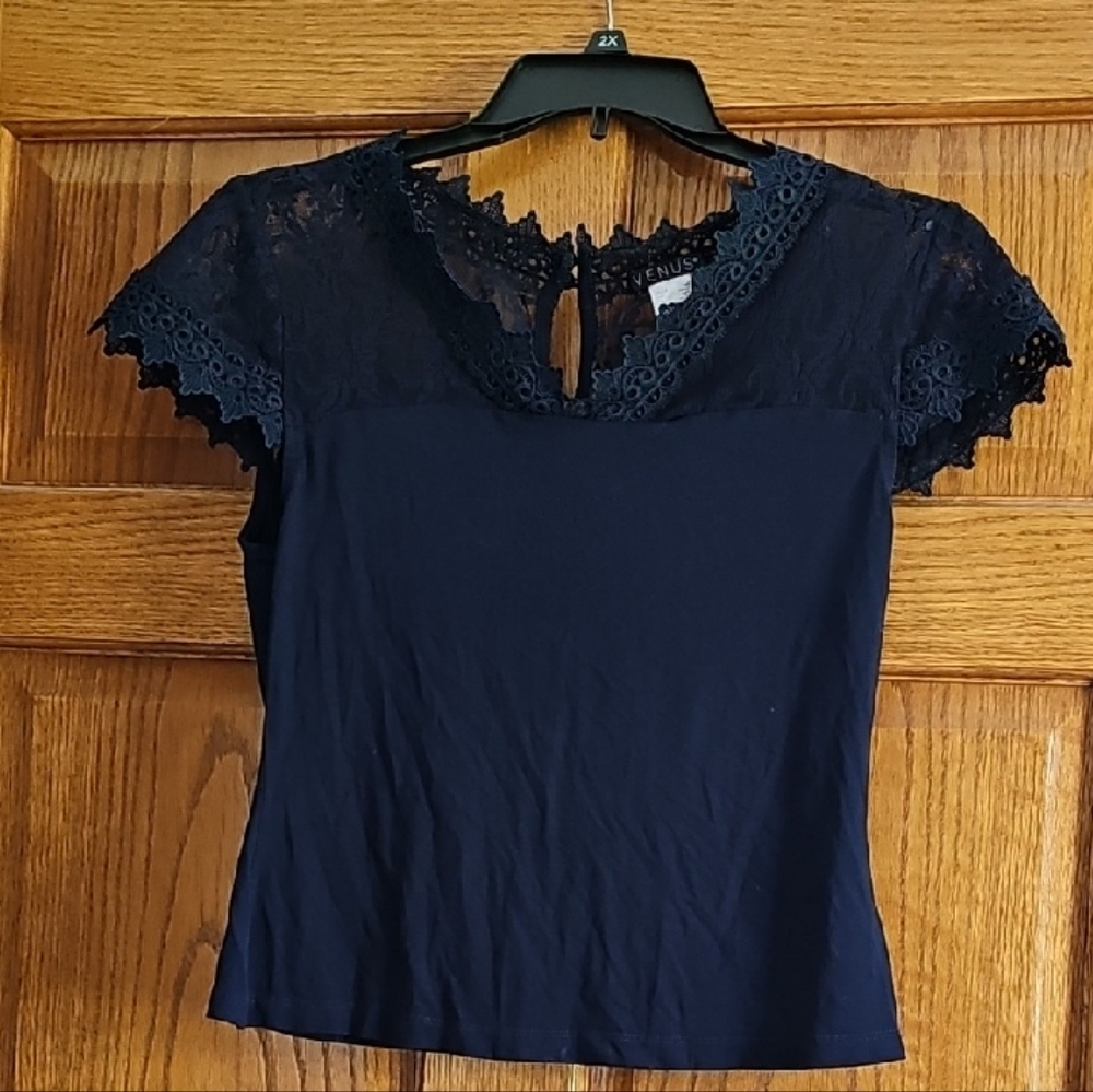 VENUS Midnight Blue Lace Trim Blouse
